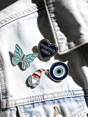 Enamel Pin Set - Blue Butterfly, Navy 'Positive Vibes', Evil Eye & Gnome